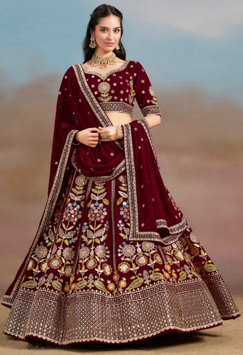 Stunning maroon Thread Work Georgette Engagement Wear Lehenga With Blouse